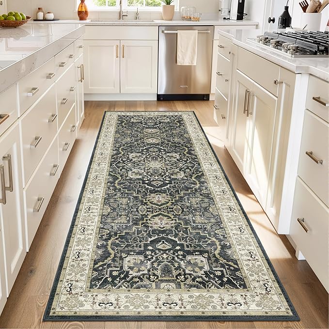 2x6 Washable Kitchen Runner Rug, Non Slip Vintage Runner Rugs for Hallway, Ultra-Thin Low Pile Distressed Kitchen Rugs Non Skid, Machine Washable Laundry Entryway Indoor Carpet,Black
