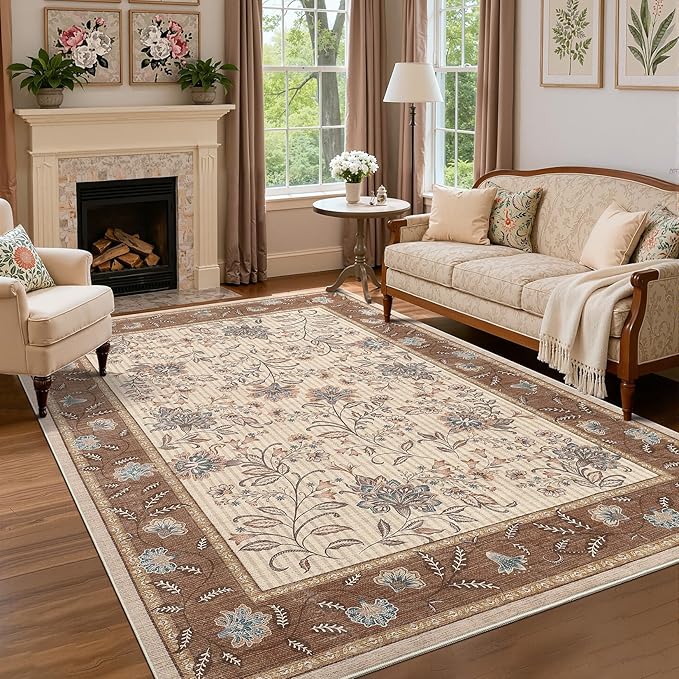 GarveeHome 4x6 Brown Washable Area Rug for Nursery Room, French Country Floral Bedroom Rug Non Slip Low Pile Carpet Stain Resistant Throw Rug for Bedside Kids Room Office Dining Room