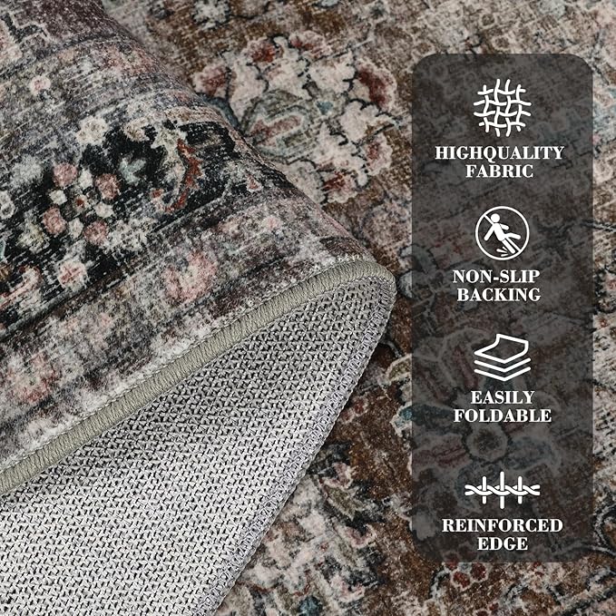 GarveeHome Washable Area Rugs 5x7 Vintage Printed Accent with Non-Slip Backing, Stain-Resistant Oriental Throw Rugs, Farmhouse Low Pile Rugs for Bedroom, Living Room, Red Green