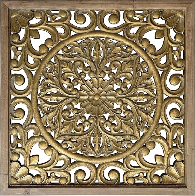 XIAOAIKA Boho Carved Wood Wall Sculpture, Intricate Floral Mandala Design with Distressed Gold Finish, Vintage Farmhouse Wall Art Panel with Solid Wood Frame for Bedroom Entryway (22.5" x 22.5")
