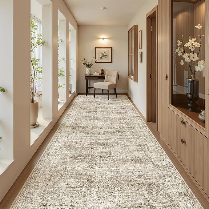 Soalmost 4x12 Wide Hallway Runners: Washable 12ft Runner Rug for Entryway Living Room Soft Vintage Non Slip Carpet Runner for Kitchen Dining Room Nursery Bedroom (Brown, 4x12ft)