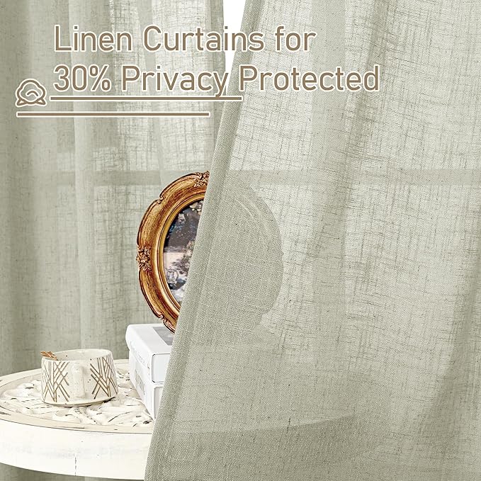 LAMIT Sage Grey Sheer Linen Curtains, 108 inch Light Filtering Semi Sheer Panels Back Tab and Rod Pocket Farmhouse Rust Drapes for Bedroom/Living Room, 2 Panels, 52 x 108 Inch