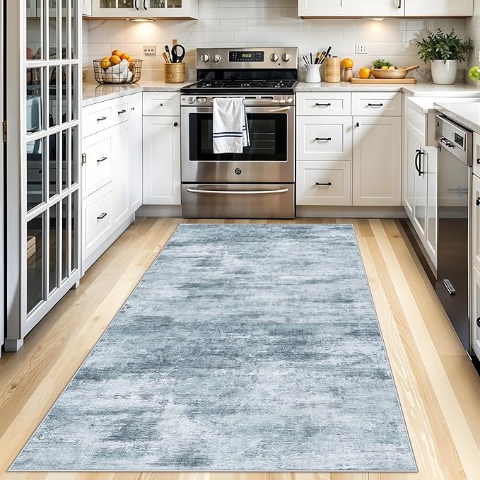 4x8 Washable Area Rug – Non-Slip Rubber Backed Indoor Rug for Entryway, Kitchen, Hallway | Modern Abstract Neutral Low Pile Thin Floor Mat for Bedroom, Living Room, Office (Blue Grey)