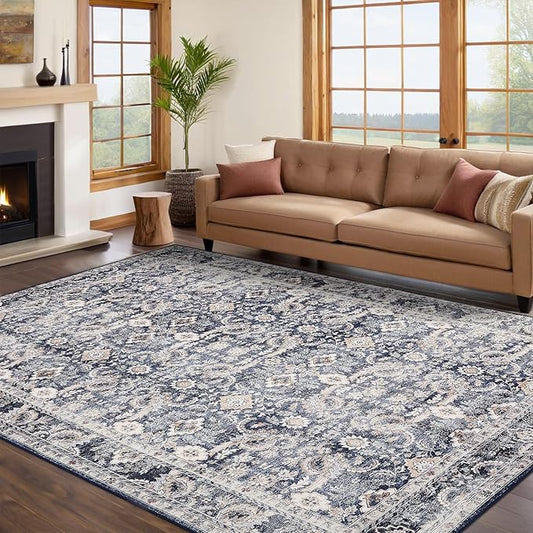 GarveeHome Washable Rugs 5x7 Vintage Floral Area Rugs for Living Room Bedroom, Ultra Soft Retro Accent Carpet, Non Slip Low Pile Floor Mats for Dining Room, Home Office Decor, Blue Grey