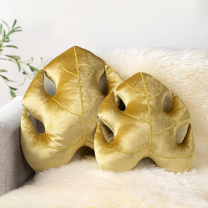 AELS Set of 2 3D Leaves Decorative Throw Pillows, 18"& 14" Monstera Deliciosa Plush Pillow Set for Plant Lovers Garden Lovers, Living Room Bedroom Nursery Decor, Golden