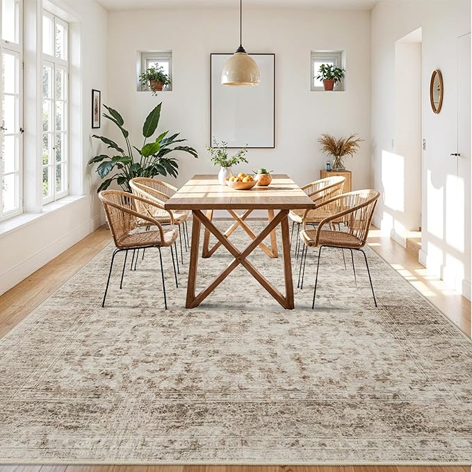 Living Room 9x12 Area Rugs - Large Boho Rugs for Living Room Stain Resistant Carpet Vintage Tribal Rugs for Bedroom with Non Slip Backing Home Decor Floor Decoration Mat 9x12 Beige/Brown