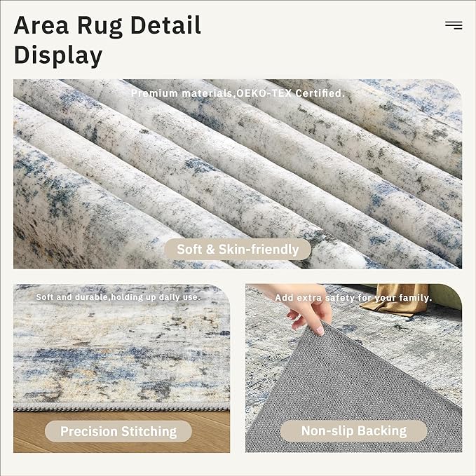 Soalmost Abstract Rug 8x10 Large Living Room Rugs Neutral Modern Washable Area Rugs for Bedroom Dining Room Non-Slip Stain Resistant Foldable Thin Rug Blue Yellow