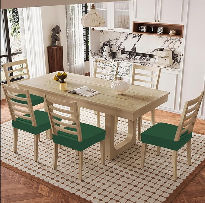 Smiry Waterproof Seat Covers for Dining Room Chairs Set of 6, Stretch Jacquard Removable Washable Chair Seat Slipcovers Protector, No Rear Covers, Emerald Green