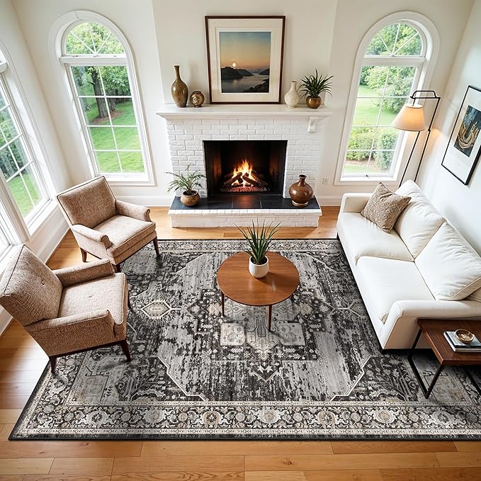 RUUGME Washable 7x8 Area Rug - Non Slip Ultra Thin Soft Living Room Rugs Vintage Distressed Stain Resistant Home Decor Mat for Bedroom,Dining Room,Nursery 7x8 Black