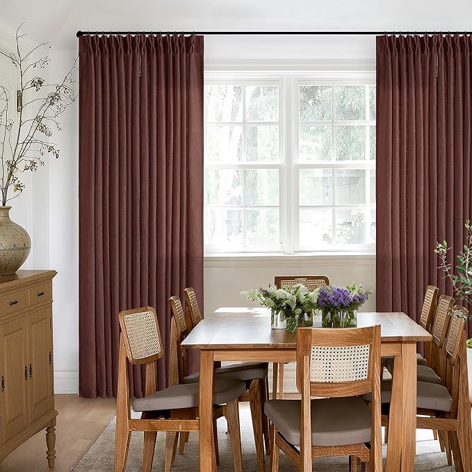 Maroon Pinch Pleated Linen Curtains 108 Inches Long for Living Room 2 Panels Set Flax Double Pleated Drapes Back Tab Farmhouse Ceiling Floor 108 Inch Window Curtains Bedroom Chestnut Reddish Brown