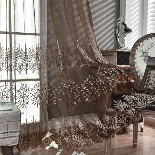 DONREN Luxury Brown Sheer Curtains for Living Room - Leaf Embroidery Sheer Curtain Panels for Bedroom (W 52 x L 84 Inch,2 Panels)