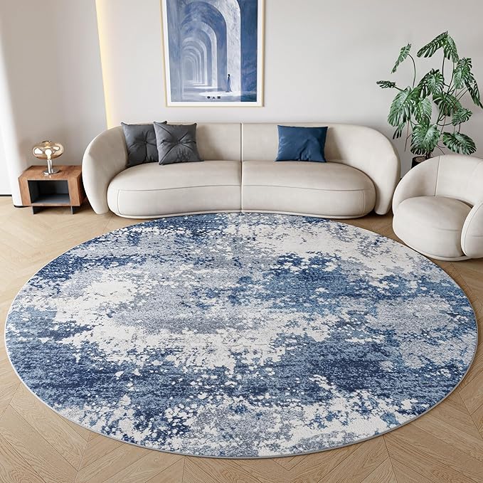 Blue Round Rugs 6ft Washable Circle Area Rug for Entryway Kitchen, Non Slip Soft Low Pile Stain Resistant, Boho Circular Carpet for Living Room Bedroom Dorm Dining Room Table, Abstract Navy