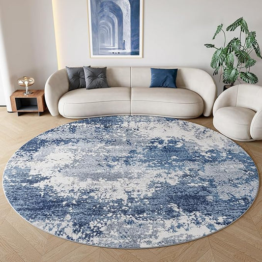 Blue Round Rugs 6ft Washable Circle Area Rug for Entryway Kitchen, Non Slip Soft Low Pile Stain Resistant, Boho Circular Carpet for Living Room Bedroom Dorm Dining Room Table, Abstract Navy
