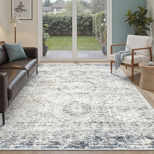 Soalmost 5x7 Area Rugs Blue Ivory Low Pile Indoor Washable Trendy Faded Style Rugs for Bedroom Living Room Dining Room Foldable Non-Slip Thin Print Mat