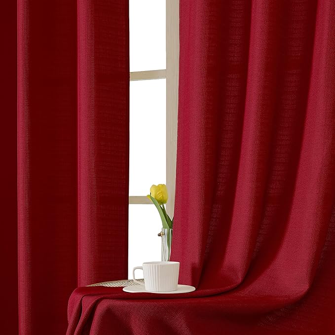 Chyhomenyc Christmas Red Curtains 72 Inch Length 2 Panels Set, Faux Linen Textured Light Filtering Soft Airy Privacy Farmhouse Curtain Drapes for Living Room Bedroom, 40 Wx72 L Inches
