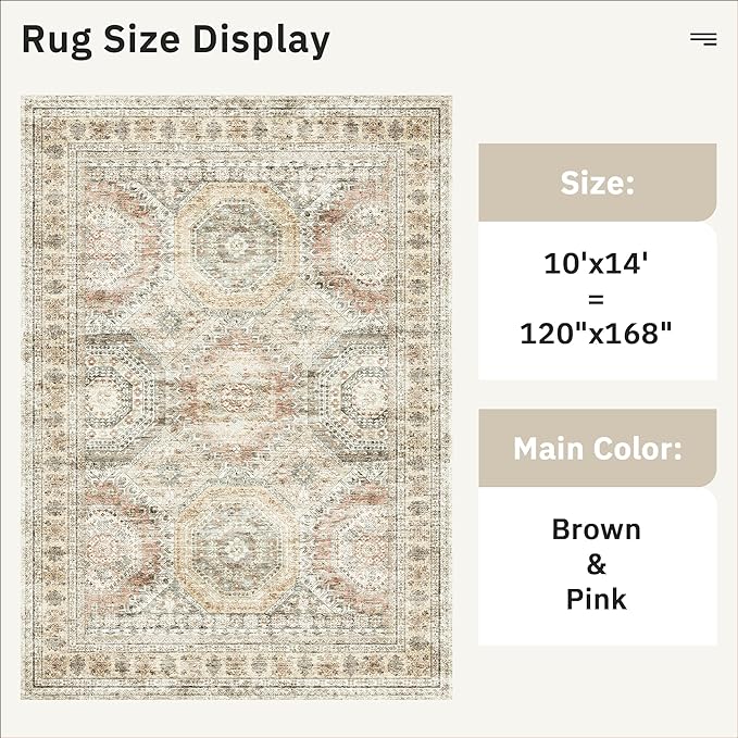 Soalmost 10x14 Area Rugs for Living Room, Non Slip Machine Washable Vintage Rugs, Low Pile Lightweight Large Rug for Bedroom, Dining Room, Home Office Brown Pink