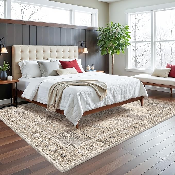 RUUGME Living Room 8x12 Area Rug - Soft Washable Rugs with Non Slip Backing Indoor Low Pile Stain Resistant Carpet for Bedroom Dining Room Playroom Vintage Ultra-Thin Home Decor Floor Mat 8X12 Beige