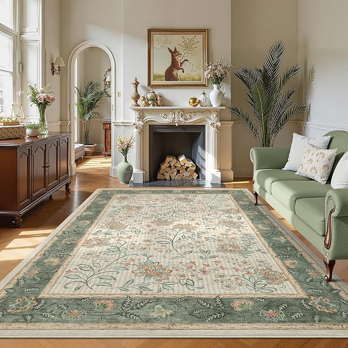 GarveeHome Large Area Rugs 9x12 for Living Room, Sage Green Washable Rug Soft Non Slip Country Mat Carpet Indoor Botanical Floral Rug for Bedroom Dining Room Playroom Nursery Room