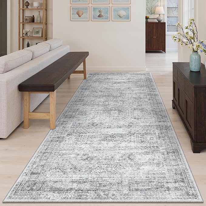 Soalmost Hallway Runner Rug 4x8 Wide: Washable Thin Runners for Hallways Entry, Non Slip Soft Vintage Kitchen Area Rugs for Living Room Bedroom Dining Room Foyer (Grey, 4x8)