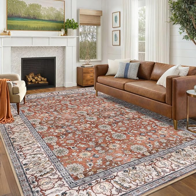 KUTA Vintage Floral 6x9 Area Rugs, Washable Rugs for Living Room Non Slip, Red Clay Ultra Thin Soft Print Distressed Flower Low-Pile Traditional Carpet for Bedroom Dining Room Dorm Office