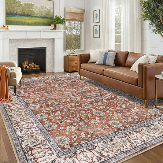 KUTA Vintage Floral 6x9 Area Rugs, Washable Rugs for Living Room Non Slip, Red Clay Ultra Thin Soft Print Distressed Flower Low-Pile Traditional Carpet for Bedroom Dining Room Dorm Office