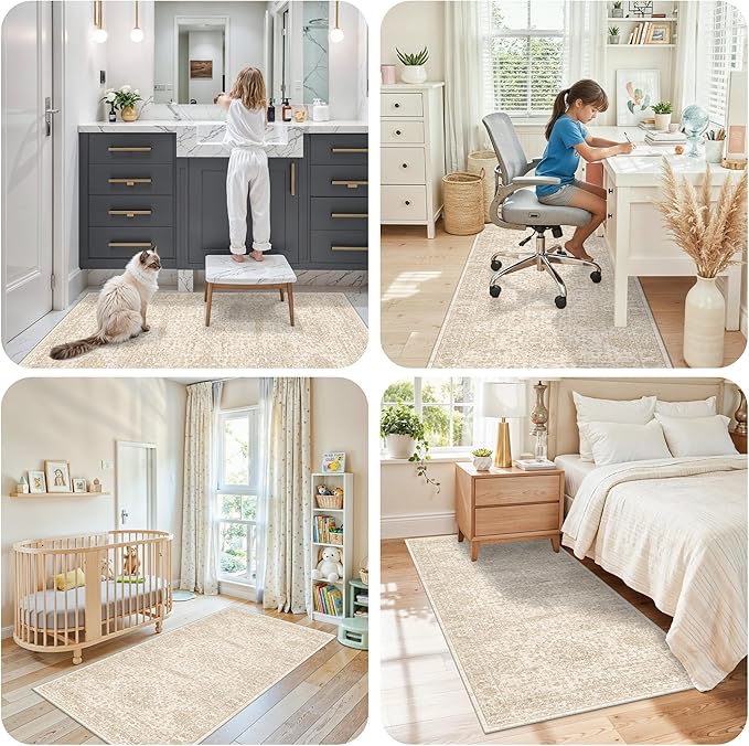 3x6 Washable Entryway Runner Rug – Non-Slip Wide Carpet Runner for Kitchen Hallway Bathroom, Neutral Vintage Distressed Low Pile Indoor Door Mat (Ivory Beige)