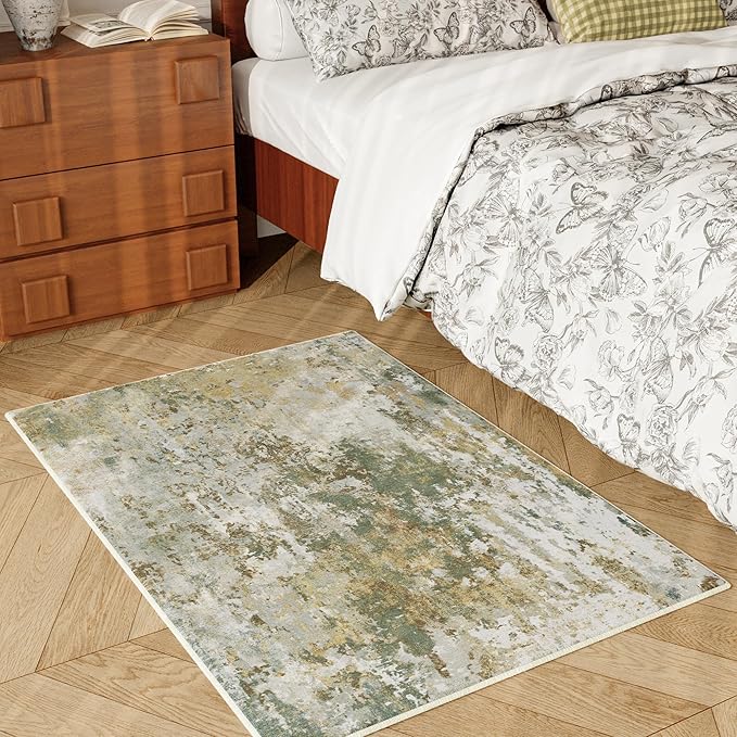 Entryway Rug 2x3 Green Door Mat Indoor Entrance 24x36, Washable Small Throw Rugs for Kitchen Floor, Entry, Front Door, Bedside, Non-Slip Low Pile Stain & Fade Resistant, Abstract Sage Green