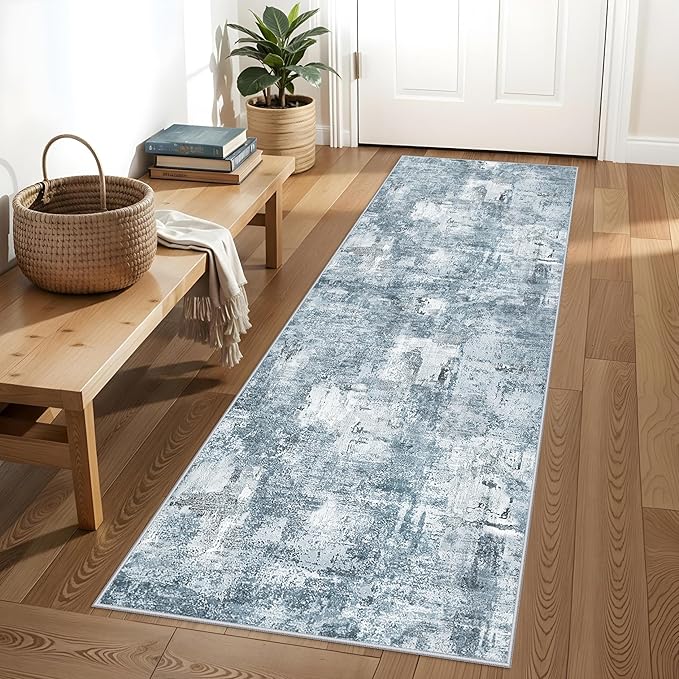 2x6 Washable Non-Slip Hallway Runner Rug – Modern Abstract Soft Carpet Runner for Kitchen, Bedroom with Rubber Backing – Low-Pile Thin Stain-Resistant Rug for Laundry Room, Entryway (Blue Grey)