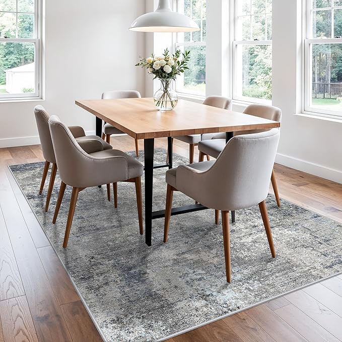 5x8 Washable Rug Living Room - Non-Slip Modern Abstract Neutral Indoor Rug for Bedroom Kitchen Dining Room - Low Pile Soft Carpet（Blue Grey,5x8）