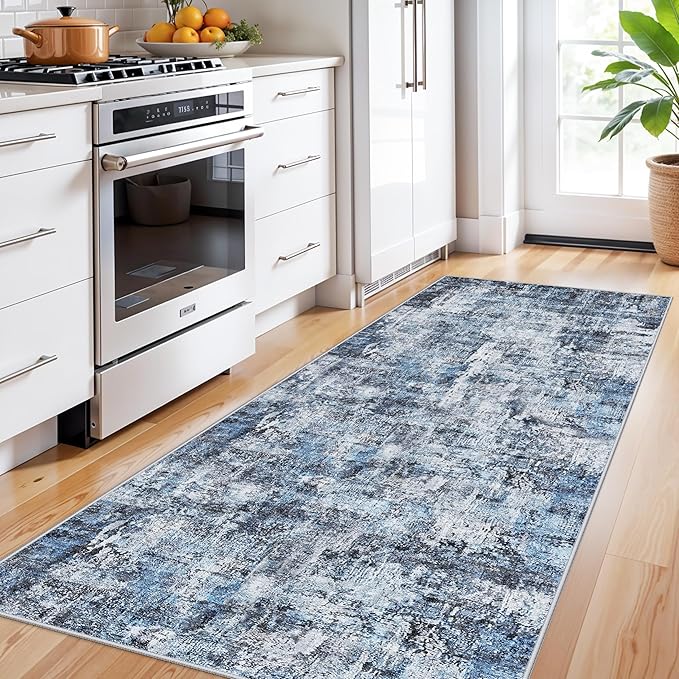3x7 Washable Non-Slip Kitchen Runner Rug – Modern Abstract Neutral Beige & Gray Carpet for Hallway, Entryway, Bedroom, Laundry Room – Low-Pile Thin Wide Floor Runner with Rubber Backing（Blue）