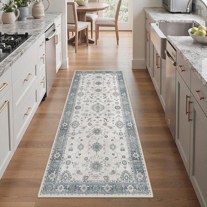 GENIMO Runner Rug for Hallways Machine Washable, 2x10 Non Slip Boho Vintage Lightweight Washable Runners, Thin Floor Rugs for Entryway Hallway Bathroom Laundry Room Corridor, Misty Blue