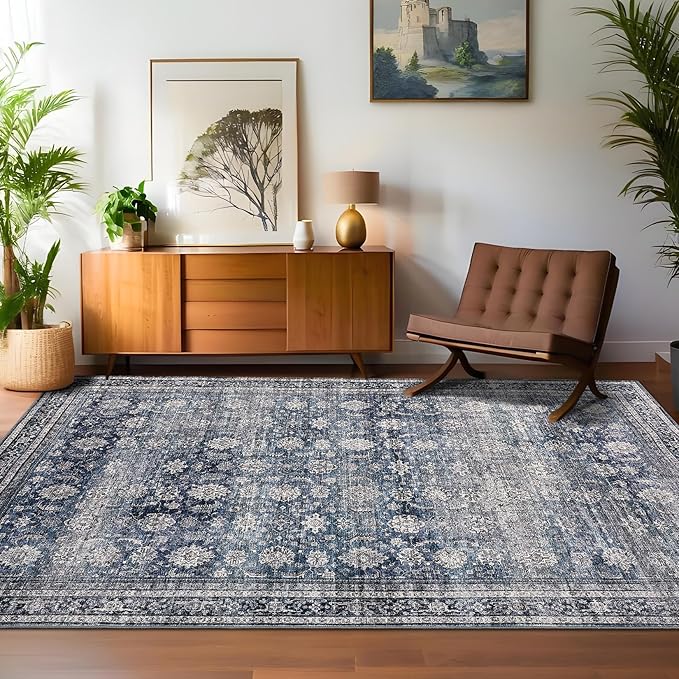 GarveeHome Living Room Rugs 10x13 Large Vintage Printed Area Rugs with Non-Slip Backing, Stain-Resistant Oriental Accent Rugs, Washable Farmhouse Low Pile Rugs for Bedroom, Office, Blue