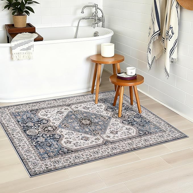 RUUGME Washable 2x3 Area Rug - Boho Rugs for Entry Way Stain Resistant Carpet Vintage Rugs for Bedroom Kitchen Bathroom with Non Slip Backing Floor Decoration Mat 2x3 Navy