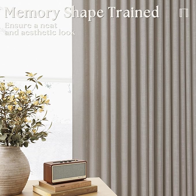 Burlywood Birch Pinch Pleated Linen Curtains 105 Inches Long for Living Room Bedroom 2 Panels Set Greyish Beige Flax Double Pleated Drapes Back Tab Farmhouse Ceiling Floor 105 Inch Window Curtains
