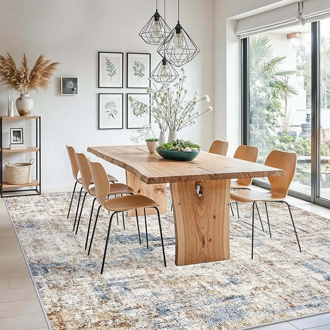 ZHXXUJ 7x7 Square Washable Area Rug, Non-Slip Indoor Rug for Living Room Bedroom Dining Room, Low Pile Stain Resistant Modern Abstract Neutral (Blue Brown)