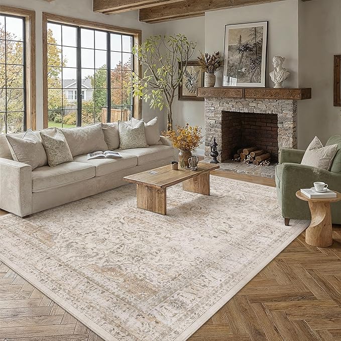 6x9 Washable Area Rug Beige Vintage Non Slip Soft Low Pile Rug for Living Room Bedroom Dining Room Office Distressed Oriental Indoor Throw Carpet for Home Decor