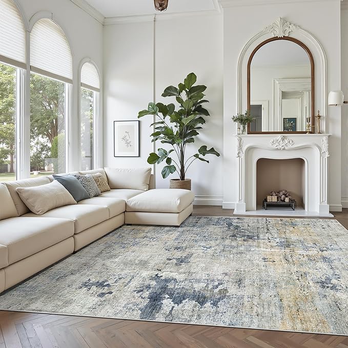 Soalmost Abstract Rug 8x10 Large Living Room Rugs Neutral Modern Washable Area Rugs for Bedroom Dining Room Non-Slip Stain Resistant Foldable Thin Rug Blue Yellow