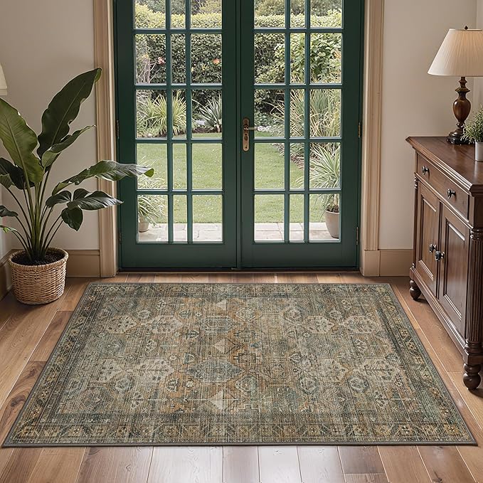 GENIMO Entryway Rug Floral Rug, 2x3 Washable Door Mat Non Slip, Thin Floor Rugs for Entryway Hallway Bathroom Laundry Room Corridor, Warm Taupe