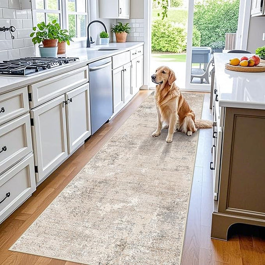 2x10 Washable Hallway Runner Rug – Non-Slip Long Carpet Runner for Kitchen Entryway Bedroom Living Room Bathroom,Stain-Resistant Low-Pile Modern Abstract Neutral (Beige Grey,2x10)