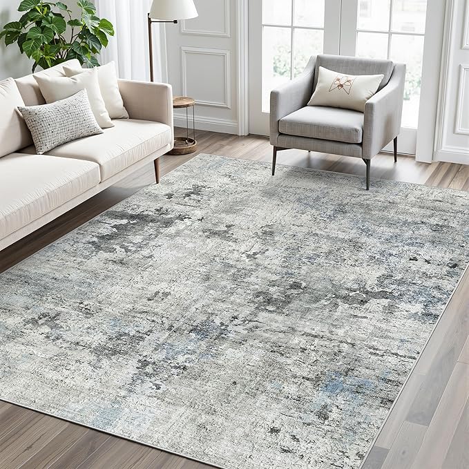 Soalmost 6x9 Abstract Area Rugs for Living Room 6 x 9 Washable Non Slip Low Pile Gray Rugs for Bedroom Dining Room Foldable Thin Gray Blue