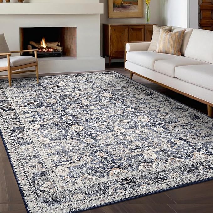 GarveeHome Vintage Floral Area Rug 8x10 Large Soft Washable Rugs for Living Room, Ultra-Soft Retro Distressed Neutral Carpet, Low Pile Non Slip Oriental Floor Mats for Bedroom, Blue Grey