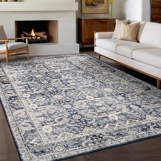 GarveeHome Vintage Floral Area Rug 8x10 Large Soft Washable Rugs for Living Room, Ultra-Soft Retro Distressed Neutral Carpet, Low Pile Non Slip Oriental Floor Mats for Bedroom, Blue Grey