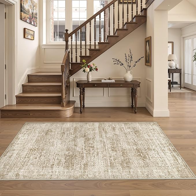 Area Rugs 4x6 for Living Room, Non-Slip Backing Small Kids Rugs for Bedroom, Vintage Abstract Rug Home Decor, Low Pile Soft Washable Rug for Kitchen, Dining Room(4'x6', Brown/Ivory)