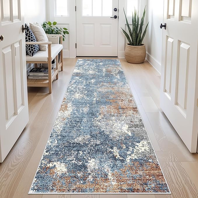 3x8 Washable Hallway Runner – Non-Slip Abstract Modern Neutral Wide Carpet Runner for Kitchen Floor, Entryway, Bedroom, Living Room – Soft Low-Pile Thin Rubber Backing (Blue Rust,3x8)