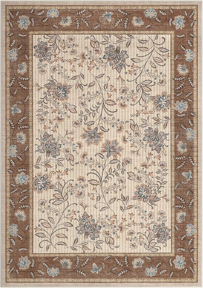GarveeHome Area Rugs 8x10 for Living Room, Brown Large Washable Rug Botanical Soft Non Slip Floor Mat Carpet Indoor Thin Cottage core Rug for Bedroom Dining Room Playroom Nursery Home Decor