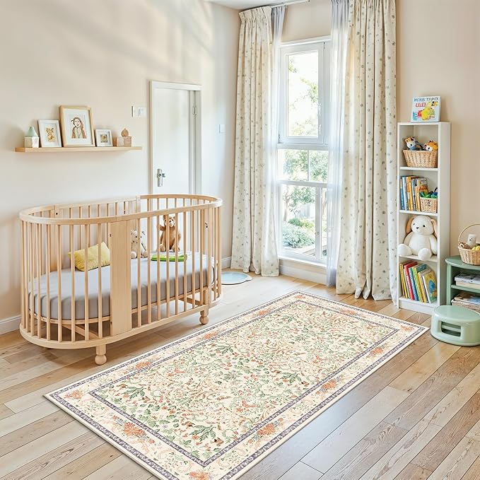 Botanical Beige 3x5 Area Rug - Non-Slip Washable Soft Low-Pile Small Area Rugs for Kitchen Bedroom Entryway Kid Room – Vintage Florals Door mat Indoor (Cream, 3x5)