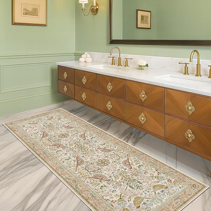 Hazo Haus Boho Long Bathroom Runner Rug 2x6 - Floral & Bird Runner Rug for Kitchen Floor, Hallway, Laundry Room, Bedroom, Entrance, Beige Neutral Vintage Decor, Washable Non Slip Low Pile