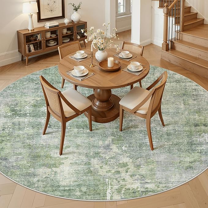 Soalmost 9x9 Green/Ivory Round Rug 9ft Living Room Circle Rug Vintage Round Area Rug Non Slip Indoor Carpet for Apartment