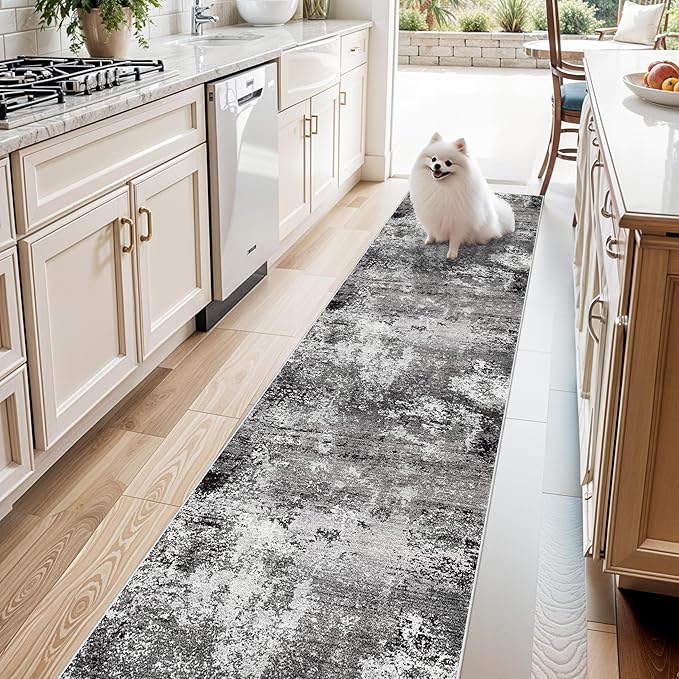 2x10ft Hallway Runner Rug – Non-Slip Washable Long Carpet Runner for Kitchen Entryway Living Room Bedroom Bathroom, Modern Abstract Neutral Low-Pile Thin (Black Grey,2x10)