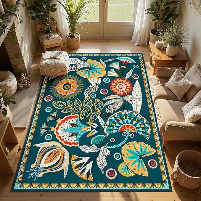 Joydeco Egypt Floral Machine Washable Living Room Area Rugs 5x7, Boho Vintage Dark Green Rug for Bedroom Nursery, Non Slip Ultra-Thin Throw Carpet for Playroom Dining Room Classroom